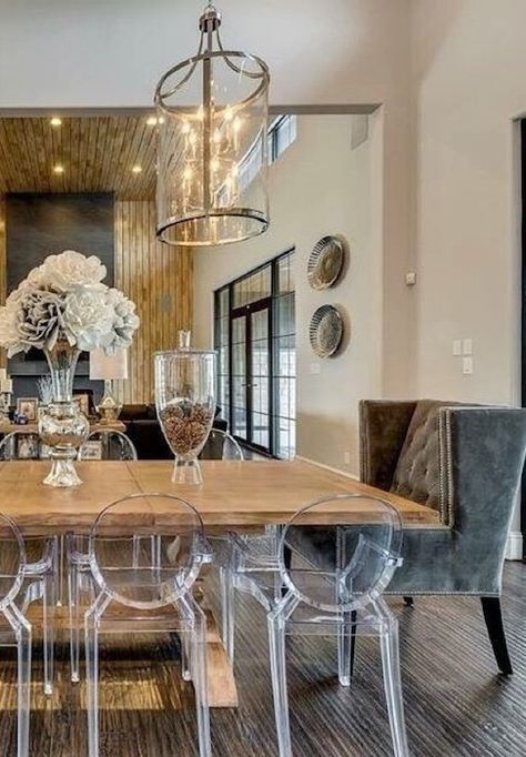 Acrylic Furniture - Best Examples of Lucite Furniture | Euro Pianos Ghost Chair Dining Room, Acrylic Furniture Decor, Formal Dining Room Table, Country Style Dining Room, Curtains Design, Modern Farmhouse Dining Room, Transitional Dining Room, Modern Farmhouse Dining, Acrylic Furniture