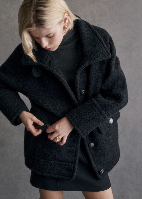 Short coat;High collar with button placket;Side pockets with flaps and button closure;Front button placket;Lined;Length from shoulder 68 cm / 26.8 in (for a 36) Autumn Fashion Capsule, Winter Coat 2024, Wool Coat Short, Short Winter Coat, Short Wool Coat, Wool Short Coat, Winter Coat Short, Black Wool Coat, Short Coat