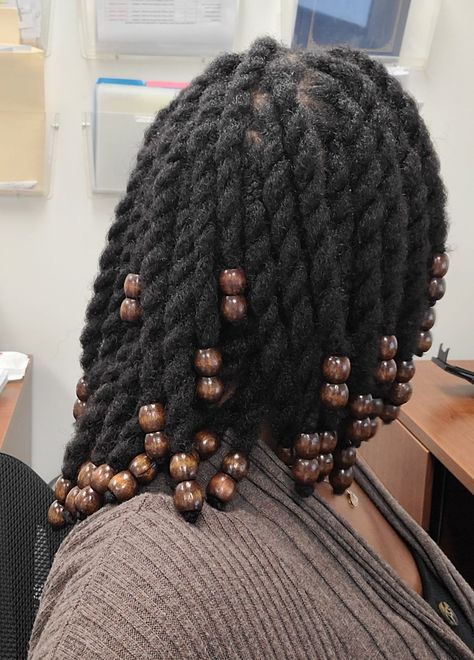 Starter Locs On Permed Hair, Big Twists Natural Hair, Natural Hair Twists With Beads, 4c Hair Twists, Beaded Locs, Twists With Beads, Short Hair Twist Styles, Hair Twists, Big Box Braids Hairstyles