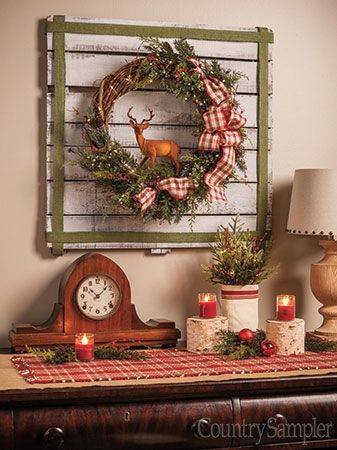 Country Sampler Country Sampler Decorating Ideas, Junk House, Lisa Christmas, Farmhouse Winter Decor, Country Decorating Ideas, Decorative Trees, Country Sampler Magazine, Lodge Ideas, Creative Wreaths