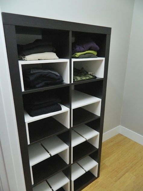 Expedit in the Closet, with half-shelf inserts - IKEA Hackers Cube Ikea, Ikea Closet Hack, Ikea Cubes, Ikea Closet Organizer, Kallax Shelving, Closet Ikea, Ikea Expedit, Ikea Closet, Closet Hacks