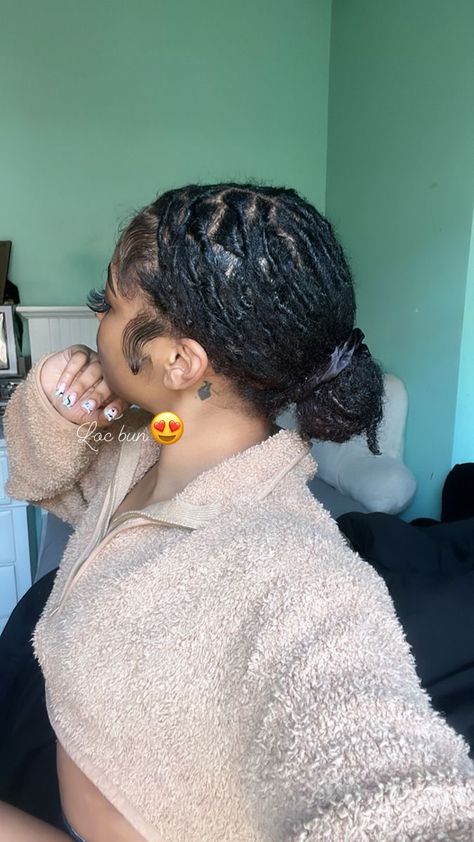 Locs Slick Back, Low Bun On Locs, Loc Budding Stage, Quick Loc Styles Simple No Retwist, Loc Hairstyles No Retwist, No Retwist Loc Styles Short, Bun Loc Styles, No Retwist Loc Styles For Women Short, Locks With Curly Ends