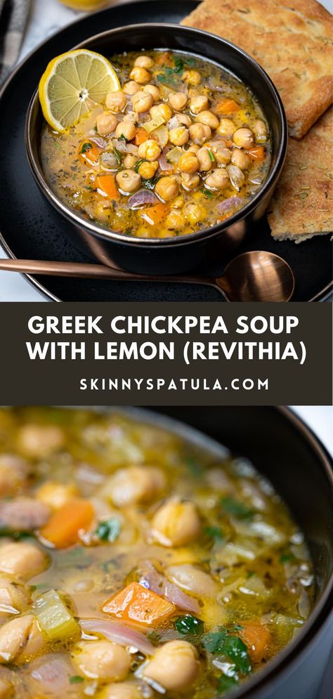 Souper Sunday, Greek Chickpea Soup, Vegan Greek Recipes, Fiber Fueled, Chicken Pea, Greek Soup, Soup With Lemon, Chickpea Recipe, Greek Chickpeas