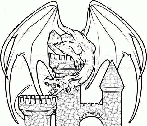 Dragon On Castle Drawing, Castle With Dragon Drawing, Castle Drawing Tutorial, Dragon And Castle Drawing, Sitting Dragon Drawing, Castle Dragon Tattoo, Castle Drawing Easy, Castle Drawings, Dragon And Castle