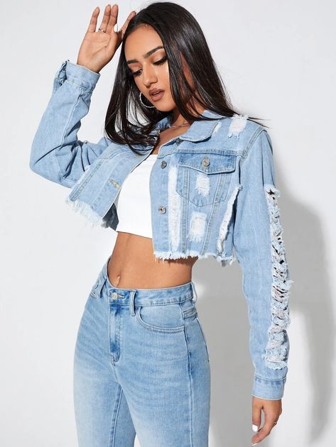 Cropped Denim Jacket Outfit, Jumpsuit Denim, Girls Dress Outfits, Denim Jacket Outfit, Denim Crop Top, Crop Jean Jacket, Jean Jacket Women, Jacket Outfit, Online Clothing Boutiques