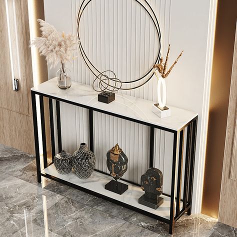 This elegant console table will be your best choice if you are looking for furniture to spice up your entryway or living room, made with sintered stone tabletop, features natural textures and beauty of marble, higher toughness and density, non-permeable, anti-scratch surface with high temperature resistance. Compact enough for the entrance hall, with 2 tier storage shelves for placing your keys or plants, framed photos, baskets or decorations. You can hang a wall mirror or an art painting a... Metal Storage Shelves, Marble Top Console Table, Long Console Table, White Console Table, Stone Table Top, Narrow Table, Contemporary Console Table, Elegant Console Table, Marble Console Table