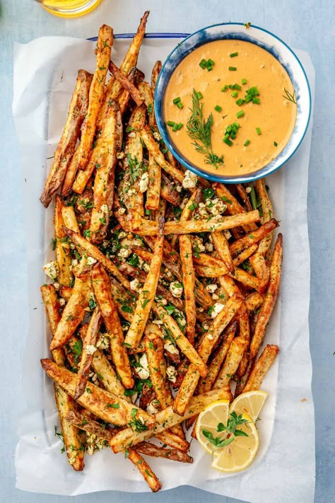 Greek-inspired Feta Fries with Romesco Ranch Feta Fries, Greek Style Potatoes, The Defined Dish, Oven Baked Fries, Defined Dish, Crispy Waffle, Lamb Burgers, Loaded Fries, Grilled Lamb