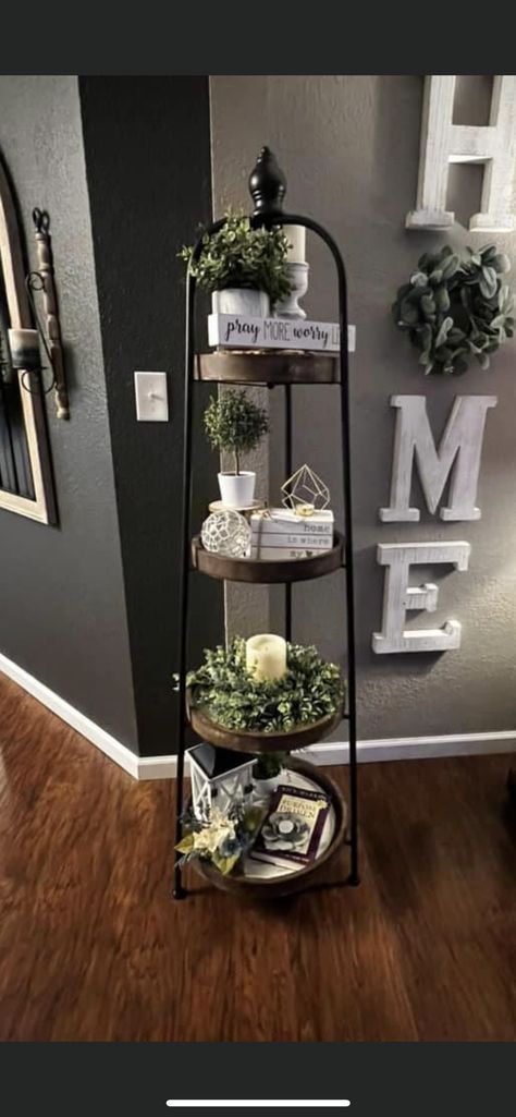 Small Town Home Decor Ideas, 3 Tier Shelf Decor Living Rooms, Three Tier Shelf Decor, Tier Shelf Decor Living Rooms, Four Tier Shelf Decor, 4 Tier Shelf Decor, Hobby Lobby Dining Room Decor, Hobby Lobby Shelf Decor Ideas, 4 Tier Plant Stand