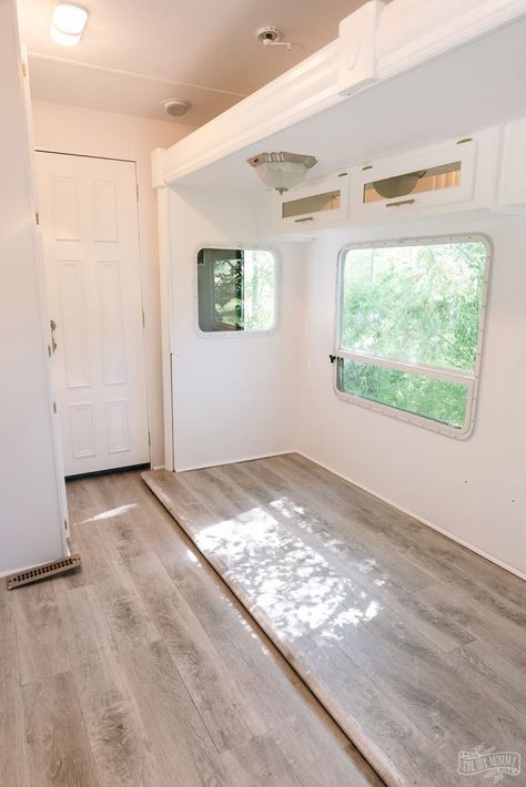 Camper Bathroom Sink Remodel, Installing Vinyl Plank Flooring In Rv, Best Flooring For Rv Remodel, Diy Camper Flooring, Flooring For Campers, How To Build A Step, Camper Slide Out Flooring, Diy Camper Slide Out, Rv Accent Wall