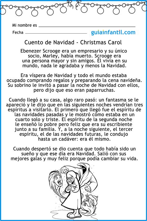 Cuando llega la Navidad, es momento de leer con los niños cuentos navideños como este protagonizada por Mr. Scrooge y los fantasmas de la Navidad. Este cuento, además, se puede colorear. #niños #cuentos #navidad #GuíaInfantil Mr Scrooge, Ebenezer Scrooge, Spanish Class, Charles Dickens, Christmas Carol, Months In A Year, Kids Christmas, Games For Kids, Word Search Puzzle