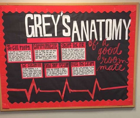 Grey's anatomy of a good roommate #reslife #RAlife #roommate #college Greys Anatomy Bulletin Board, Greys Anatomy Ra Board, Anatomy Classroom, Residence Life Bulletin Boards, Dorm Bulletin Boards, Res Life Bulletin Boards, Ra Inspiration, Resident Assistant Bulletin Boards, February Bulletin Boards