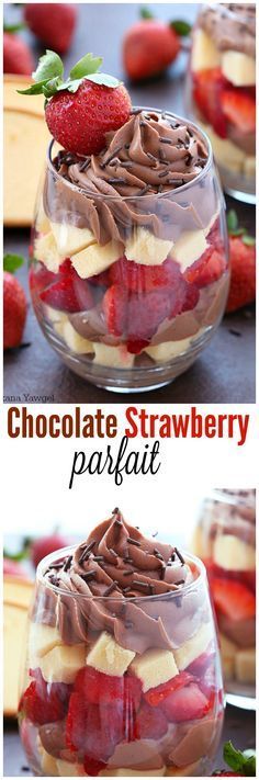 Layers upon layers of buttery cake, rich chocolate filling and ripe strawberries make this chocolate parfait an irresistible treat! Perfect for last minute guests or as a quick after dinner dessert! Pound Cake Parfait Desserts, Strawberry Parfait Recipes, Night Dessert, Chocolate Parfait, Parfait Recipe, Strawberry Parfait, Strawberries Chocolate, Coconut Dessert, Parfait Desserts