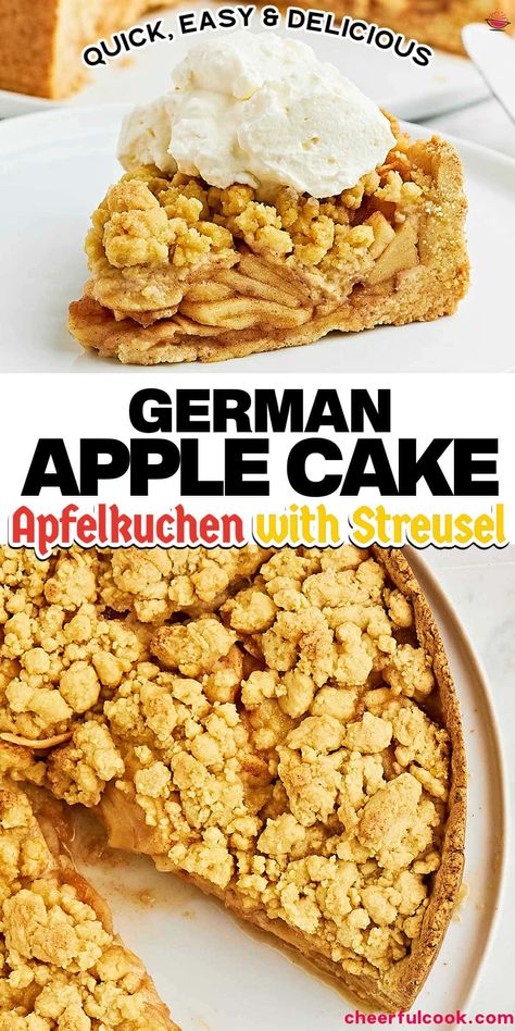 This German Apple Cake (Apfelkuchen) with Streusel Topping is a sweet treat you can easily make at home. It's packed with apples and a dash of vanilla! #cheerfulcook #applecake #apfelkuchen #germanrecipes #easybaking #homebaked #dessertrecipe Apple Kuchen Recipe German, Apple Kuchen Recipe, Apple Streusel Cake, Easy German Recipes, German Apple Cake, German Food Authentic, Christmas Cookie Recipes Holiday, German Desserts, German Baking