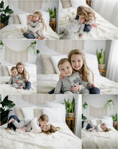 Sibling Milestone Pictures, Diy Sibling Photo Shoot At Home, Sibling Indoor Photoshoot, Little Siblings Photoshoot, Newborn And 3 Sibling Photo Ideas, Boho Sibling Photoshoot, Sibling Studio Photoshoot, Studio Sibling Photography, Toddler Siblings Photoshoot