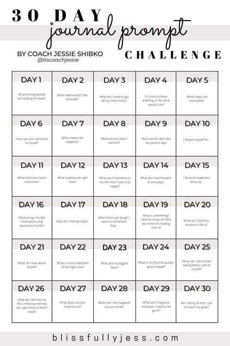 If you are wanting to get into journaling, but aren't sure where to start, this 30 Day Journal Prompt Challenge is the perfect place to start! Challenge yourself to use these prompts every day for 30 days, guiding you towards understanding yourself better. There are so many benefits to journaling and I can't wait to guide you on the process! / getting started with journaling / journaling tips / self care strategies / journal prompts / journaling inspiration // blissfullyjess.com 90 Day Journal Challenge, Journal Prompts Challenges 30 Day, Journal For Beginners Step By Step, 30 Days Journaling Challenge, 15 Days Writing Challenge, 30 Days Journal Prompts, 30 Day Writing Challenge Prompts, 30 Days Journal Challenge, 30 Day Writing Challenge Journaling