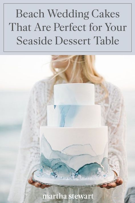 We love coastal weddings—especially those that embrace the location with thematic details, like beach-themed wedding cakes. Whether you want to go all out with a truly oceanic dessert or you prefer adorning your confection with subtle seaside touches, we've got plenty of beach wedding cake ideas for your celebration. #weddingideas #wedding #marthstewartwedding #weddingplanning #weddingchecklist White And Blue Wedding, Green Wedding Cake, Small Wedding Cakes, Beach Wedding Cake, Wedding Cakes Blue, Beach Wedding Inspiration, Beach Wedding Decorations, Dusty Blue Weddings, Beach Destination Wedding