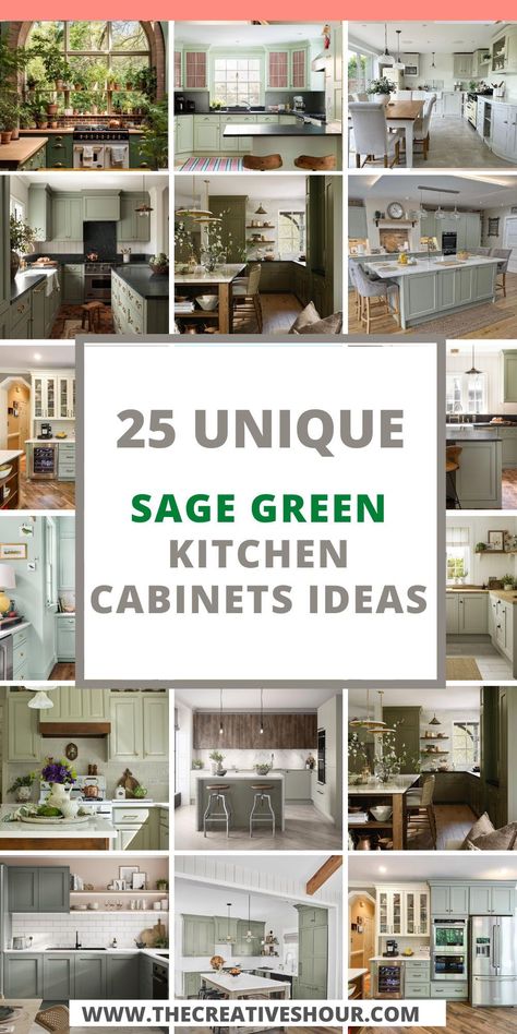 Discover the charm of sage green kitchen cabinets! Perfectly balanced with light, airy white countertops for a refreshing vibe. Imagine a cozy farmhouse feel with a sturdy butcher block, or go modern with sleek black counters. Embrace Boho-chic with granite touches and a rustic two-tone palette. Picture these cabinets against a dark or grey floor, adding depth to your space, or opt for a classic tile floor. Don't forget the backsplash – it's the final touch to your dream kitchen! Sage Green Kitchen Brown Granite, Green Kitchen Cabinets With Granite, Green And Grey Kitchen Cabinets, Green And Natural Wood Kitchen, Green Kitchen Cabinets Modern, Kitchen Backsplash With Green Cabinets, Grey Green Kitchen Cabinets, Green Kitchen Island White Cabinets, Green Lower Kitchen Cabinets