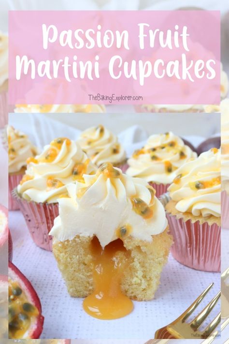 Martini Cupcakes, Flavoured Buttercream, Passion Fruit Martini, Fruit Martini, Passionfruit Curd, Cocktail Cupcakes, Fruit Curd, Boozy Cupcakes, Passion Fruit Curd