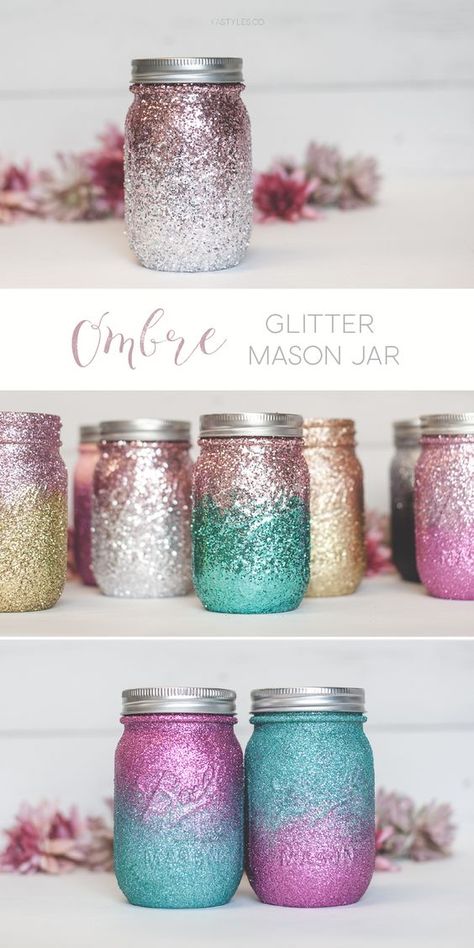 Ombre glitter mason jars. Toples Kaca, Glitter Mason Jars, Mason Jar Projects, Diy Jar Crafts, Wine Bottle Diy Crafts, Mason Jar Crafts Diy, Wine Bottle Diy, Diy Simple, Mason Jar Lighting