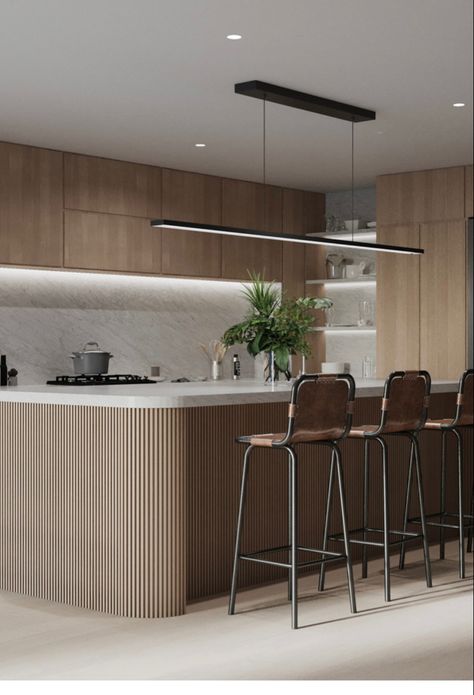 Like the cabinets and the island. Also really like the open shelves! Fluted Island, Fluted Bar, Island Detail, Fluted Wood, Modern Wood Kitchen, Natural Wood Kitchen, Wood Bar, Open Shelves, Wood Kitchen