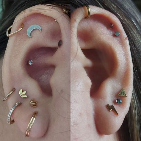 Harry Potter theme multiple piercings stacked lobe constellation piercing
#Piercingideas #stackedlobe #triplelobe #doublehelix #conch #flat #verticalhelix Antitragus And Conch Piercing, Double Vertical Helix Piercing, Vertical Lobe Piercing, Triple Lobe Piercing Ideas, Vertical Helix Piercing, Stacked Lobe, Triple Lobe, Piercing Styles, Triple Lobe Piercing