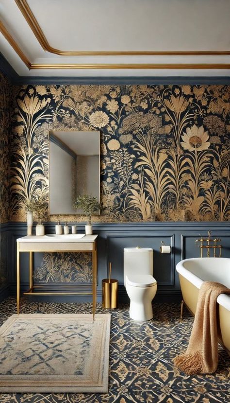 Blue and Gold Bathroom Blue And Gold Wallpaper Bathroom, Blue And Gold Bathroom Tiles, Navy And Gold Wallpaper Bathroom, Blue Gold Bathroom, Blue And Gold Bathroom Ideas, Unique Powder Rooms, Elegant Half Bathroom Ideas, Dark Blue Gold Wallpaper, Fun Powder Room Ideas