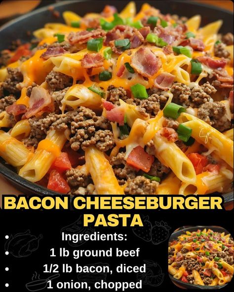 Bacon Cheeseburger Pasta Burger Pasta Recipes, Loaded Bacon Cheeseburger Pasta, Bacon Cheeseburger Pasta, Classic Cheeseburger, Beef Tips And Noodles, Cheeseburger Meatloaf, Baked Meatloaf, Dude Food, Cheeseburger Pasta