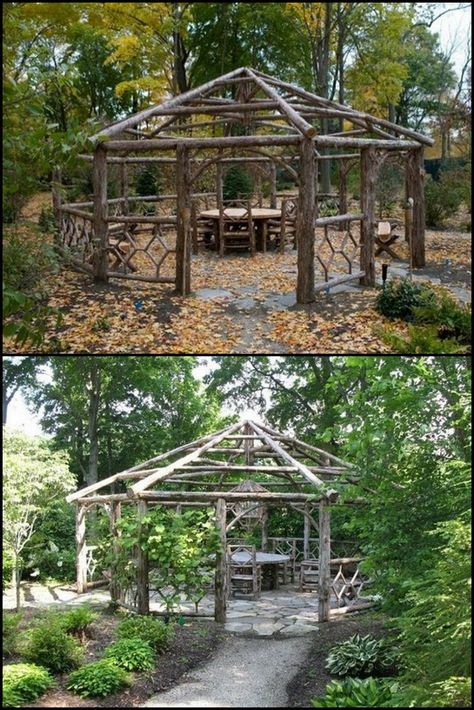 Gazebo In The Woods, Diy Garden Gazebo, Rustic Gazebo Ideas Backyard, Garden Inspiration Rustic, Natural Gazebo, Rustic Outdoor Structures, Log Gazebo, Rustic Gazebo, Rustic Pergola