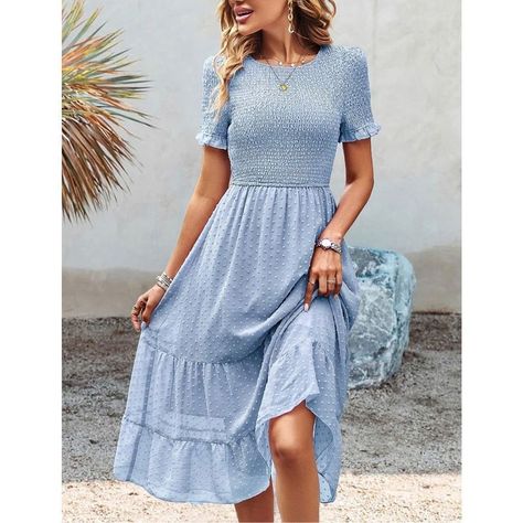 This Women Boho Summer Casual Dress Is Perfect For Vacation, Beach, Party, Etc. Material:Woven Fabric Dusty Blue / Boho / Plain / Frill / Ruffle Hem / Shirred / A Line / Round Neck / Short Sleeve / Puff Sleeve / High Waist / Flounce / Long / Regular Fit / Non-Stretch / Woven Fabric / 100% Polyester / Machine Wash, Do Not Dry Clean / 100% Polyester Model Is Wearing:S, Height:173cm/68.1inch ,Bust:84cm/33.1inch ,Waist:60cm/23.6inch ,Hip:90cm/35.4inch S Shoulder : 14.2 Inch Length : 45.7 Inch Sleeve Length : 9.1 Inch Bust : 30.3-39.4 Inch Waist Size : 25.2-38.6 Inch Cuff : 10.2 Inch Fall Modest Dress, Homemade Dresses For Women, Cute Knee Length Dresses, Modest Blue Dress, Modest Spring Dresses, Athleta Dress, Bridesmaid Dress Colors, Dress A Line, Comfy Dresses