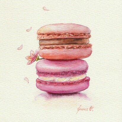 Iryna Ovchynnikova : Spring Macarons Spring Macarons, Pink Macarons, Desserts Drawing, Food Art Painting, Dessert Illustration, Food Artwork, Watercolor Food, French Dessert, Pink Foods