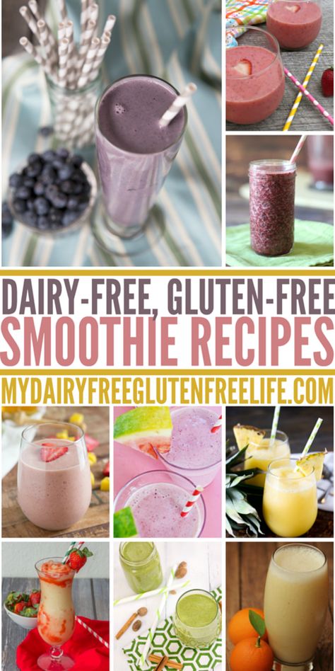 25 Dairy Free Gluten Free Smoothie Recipes - My DairyFree GlutenFree Life Fodmap Smoothie Recipes, Lactose Free Smoothies, Gluten Free Smoothie Recipes, Non Dairy Smoothie, Gluten Free Dairy Free Breakfast, Gluten Free Smoothie, Gluten Free Drinks, Free Smoothie Recipes, Delicious Smoothie Recipes