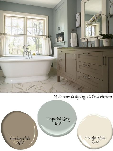 I actually like the sage tint to the gray. Actual color or just photograph?  Benjamin Moore paint colors Interior Paint Colors Schemes, Bathroom Color Schemes, Bathroom Paint Colors, Paint Colors Benjamin Moore, Bathroom Decor Ideas Colors, Bathroom Color, Look Of The Day, Design Hotel, Grey Bathrooms