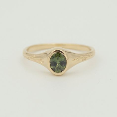 Florence Ring with Green Sapphire — Claus Jewelry Engagement Rings Gold And Green, Organic Wedding Rings, Green Stone Engagement Ring Silver, Gem Engagement Rings Vintage, Retro Wedding Ring, Green Oval Engagement Ring, Green Promise Rings With Bezel Setting, Engagement Ring Low Setting, Inset Engagement Rings