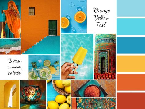 orange and teal - Indian summer color palette Indian Summer Color Palette, Diwali Colour Palette, Indian Summer Aesthetic, Indian Color Palette, Indian Colour Palette, Tamil History, Teal Color Palette, Hawaii House, Turquoise Color Palette