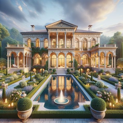 Immerse in the tranquil opulence of a Georgian Palazzo with elegantly crafted gardens and a Roman-inspired fountain. Picture serene luxury living in this harmonious retreat, perfect for sunset escapes or morning oasis moments. Discover your next dream escape and soak up more visual inspiration here! 🌺✨ #GeorgianPalazzo #luxuryliving #designinspiration #luxurydesign #dreamhomeinspiration #luxurygarden #elegance Roman House Exterior, Roman Inspired House, Huge Castle, Holiday Destinations In India, Roman House, Atrium Design, Dream Escape, Loft House Design, Luxury Mansions Interior