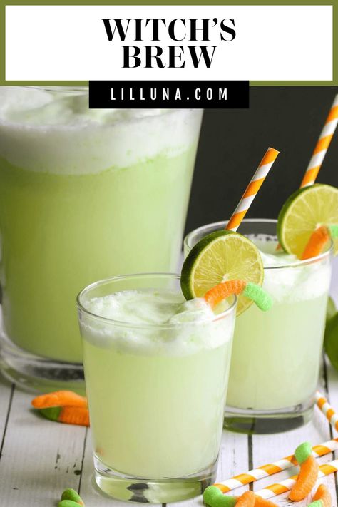 Fun & festive lime flavored witches brew uses only THREE ingredients and takes minutes to make!! It is perfect for any party or celebration. #witchesbrew #witchesbrewpunch #halloweenpunch #halloween #limepunch Snack Mix Recipe, Frozen Limeade, Potions Recipes, Lime Sherbet, Halloween Drink, Halloween Punch, Fun Straws, Lime Punch, Happy Cooking