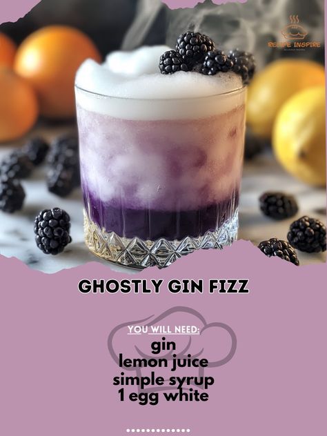 👻 Get into the Halloween spirit with our spooky Ghostly Gin Fizz! 🍸 Ghostly Gin Fizz Ingredients: - 2 oz gin - 1 oz lemon juice - 1 oz simple syrup - 1 egg white - Club soda - Ice - Blackberries for garnish Instructions: 1. In a shaker, combine gin, lemon juice, simple syrup, and egg white. 2. Dry shake for 15 seconds, then add ice and shake again. 3. Strain into a glass and top with club soda. 4. Garnish with blackberries for a ghostly touch. 👻 Don't be scared to try this hauntingly deli... Gin Lemon, Gin Fizz, Club Soda, Egg White, Halloween Spirit, Egg Whites, 1 Egg, Simple Syrup, Lemon Juice