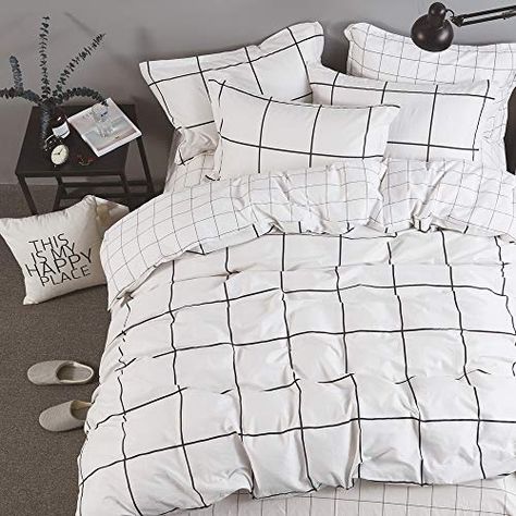 White Bed Covers, Black Bed Sheets, White Bed Sheets, White Bed Set, Plaid Bedding, White Grid, White Comforter, White Sheets, White Duvet