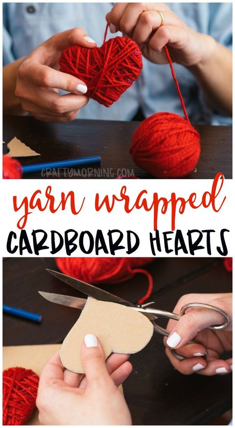 Make some cute yarn wrapped cardboard hearts for a Valentine’s Day craft idea! Kids valentine craft art project to make. Easy garland idea. #valentinesday #valentinesdaycrafts #heartcrafts #heartshapedcrafts #easycrafts #funcrafts #kidcracts #craftymorning Cardboard Hearts, Saint Valentin Diy, Valentines Bricolage, Diy Valentine's Day Decorations, Valentinstag Party, Valentine's Day Crafts For Kids, Diy Valentines Decorations, Valentine Crafts For Kids, Card Board