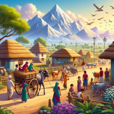 Village Life Painting Easy, Indian Village Painting, Village Background Indian, Village Life Painting, Village Scene Painting, Penting Art, Teaching Pictures, Village Images, Ideal Community