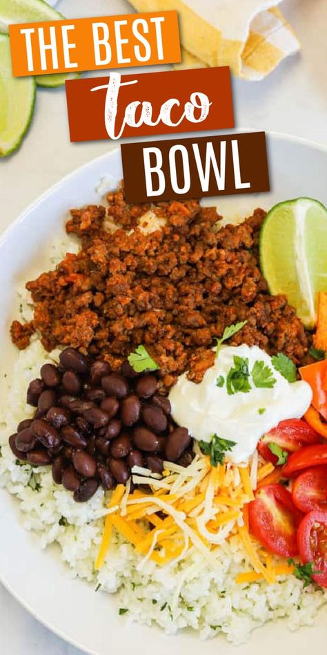 Taco Rice Bowl Recipe, Ground Chicken Tacos, Rice Bowls Healthy, Chicken Taco Bowls, Taco Bowl Recipe, Taco Salad Bowls, Taco Bowl, Burrito Bowls Recipe, Healthy Ground Beef