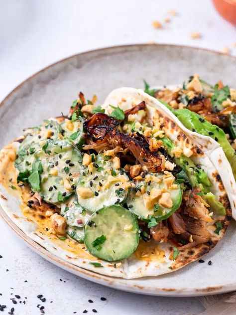 Teriyaki Chicken Tacos with creamy sesame cucumbers Light Dinners For Summer, Sesame Cucumbers, Teriyaki Chicken Tacos, Light Summer Dinner Recipes, Cucumber Slaw, Light Dinners, Alpha Gal, Plats Healthy, Creamy Cucumbers