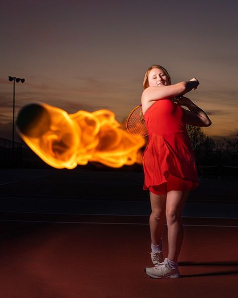 Fire Sports Pictures, Tennis Poses Photo Ideas, Iconic Sports Photos, Tennis Senior Pictures, Tennis Shoot, Sports Photoshoot, Sports Branding, Tennis Pictures, Unique Senior Pictures