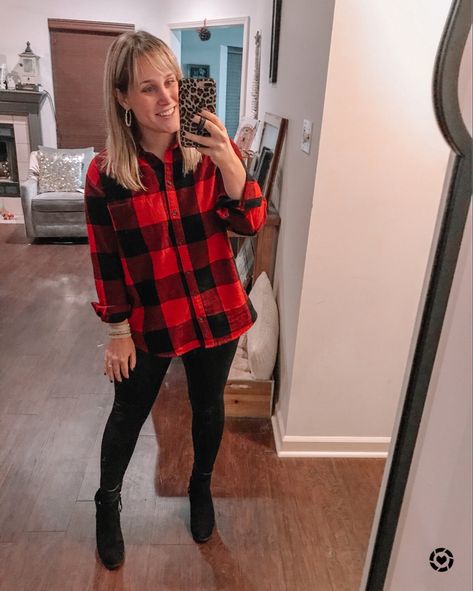 Red Buffalo Plaid Flannel Outfit Women, Flannel Outfit Women, Plaid Flannel Outfit, Black Gel Polish, Victoria Emerson, Buffalo Plaid Flannel, Flannel Outfits, Red Buffalo Plaid, Liquid Leggings