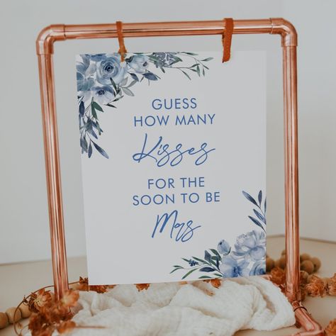 Floral Blue How Many Kisses Bridal Shower Game Poster Dusty Blue Bridal Shower Ideas, Kisses Bridal Shower Game, Blue Bridal Shower Themes, Boots And Bubbly, Sea Glass Wedding, Blue Flower Design, Bachelorette Party Supplies, Something Blue Bridal, Blue Bridal Shower