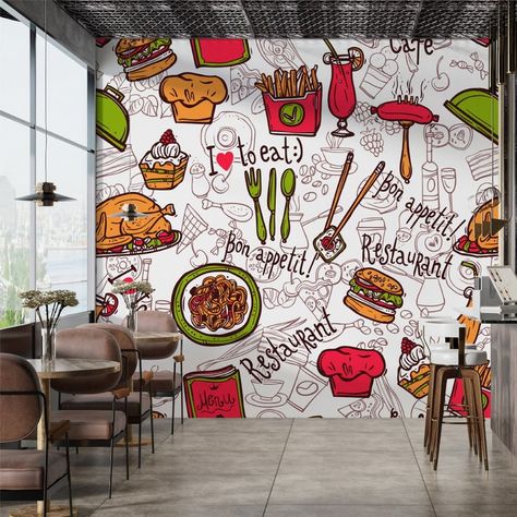 Wall Painting For Cafe Shop, Food Graffiti Wall, Cafe Wall Art Murals Food, Food Graffiti Art, Restaurant Graffiti Wall Art, Restaurant Wall Painting Art, Wall Painting Ideas Cafe, Cafe Wall Art Creative, Cafe Wall Art Murals