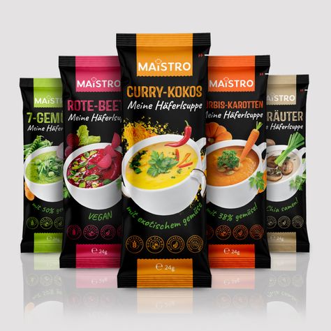 Bold, contrasting colors were chosen and laid out in a way that communicates confidence and highlights the product. An advanced packaging option was chosen instead of traditional cans, lending the soup packaging a contemporary feel – and making it easier to dispose of when finished. #stickspackagingdesign #souppackagingdesign #foodpackaging #bagpackagingdesign #stickpackaging #lipstickpackaging #lipstickpackaging #stickpackagedesignproducts #stickpouchpackagedesign #stickpackagedesign Soup Packaging Design, Soup Packaging, Curry Laksa, Junk Food Snacks, The Soup, Instant Noodles, Illustration Food, Food Stickers, Packaging Stickers