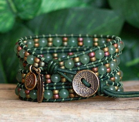 Aventurine Gemstone Seed Bead Leather Multi Wrap Bracelet Multi Wrap Bracelet, Beaded Leather Wraps, Beaded Leather Bracelet, Beads Bracelet Design, Beaded Wrap Bracelets, Handmade Jewelry Designs, Hippie Jewelry, Bead Leather, Bracelet Crafts