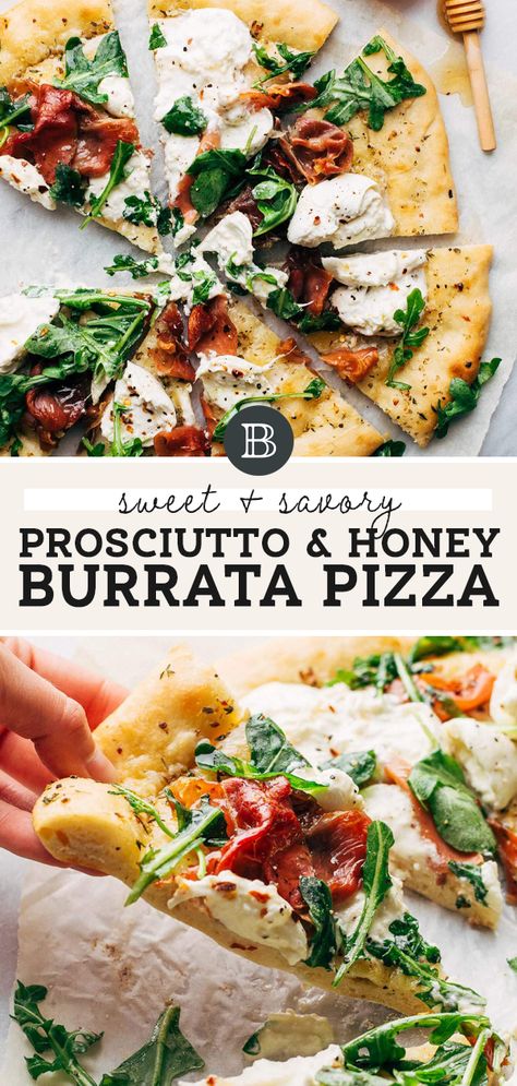 Homemade Pizza With Prosciutto, Prosciutto Hot Honey Pizza, Homemade Pizza Oven Recipes, Burrata Arugula Pizza, Healthy Pizza Toppings Ideas, Pizza With Prosciutto And Arugula, Burrata And Prosciutto Pizza, Burrata Flatbread Recipes, Flatbread Pizza Prosciutto