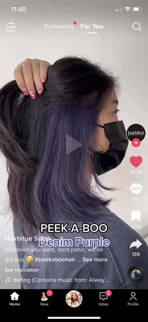 Upper Back Hair Length Haircuts, Purple Peak A Boo Hair Brunette, Peek A Boo Hair Color Ideas For Black Hair, Peek A Book Hair Color, Purple Peak A Boo Hair, Peek A Boo Hair Color For Brunettes, Peak A Boo Highlights Brunettes, Peak A Boo Hairstyles, Hair Color Peek A Boo